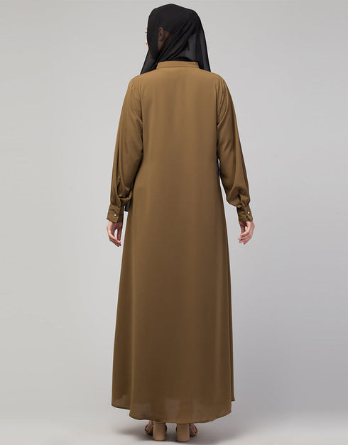 Modern Daily wear abaya with front opening and hidden placket in Color Gold